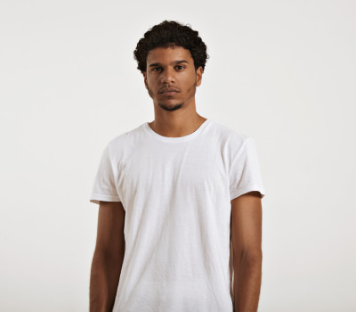 black man in white t-shirt